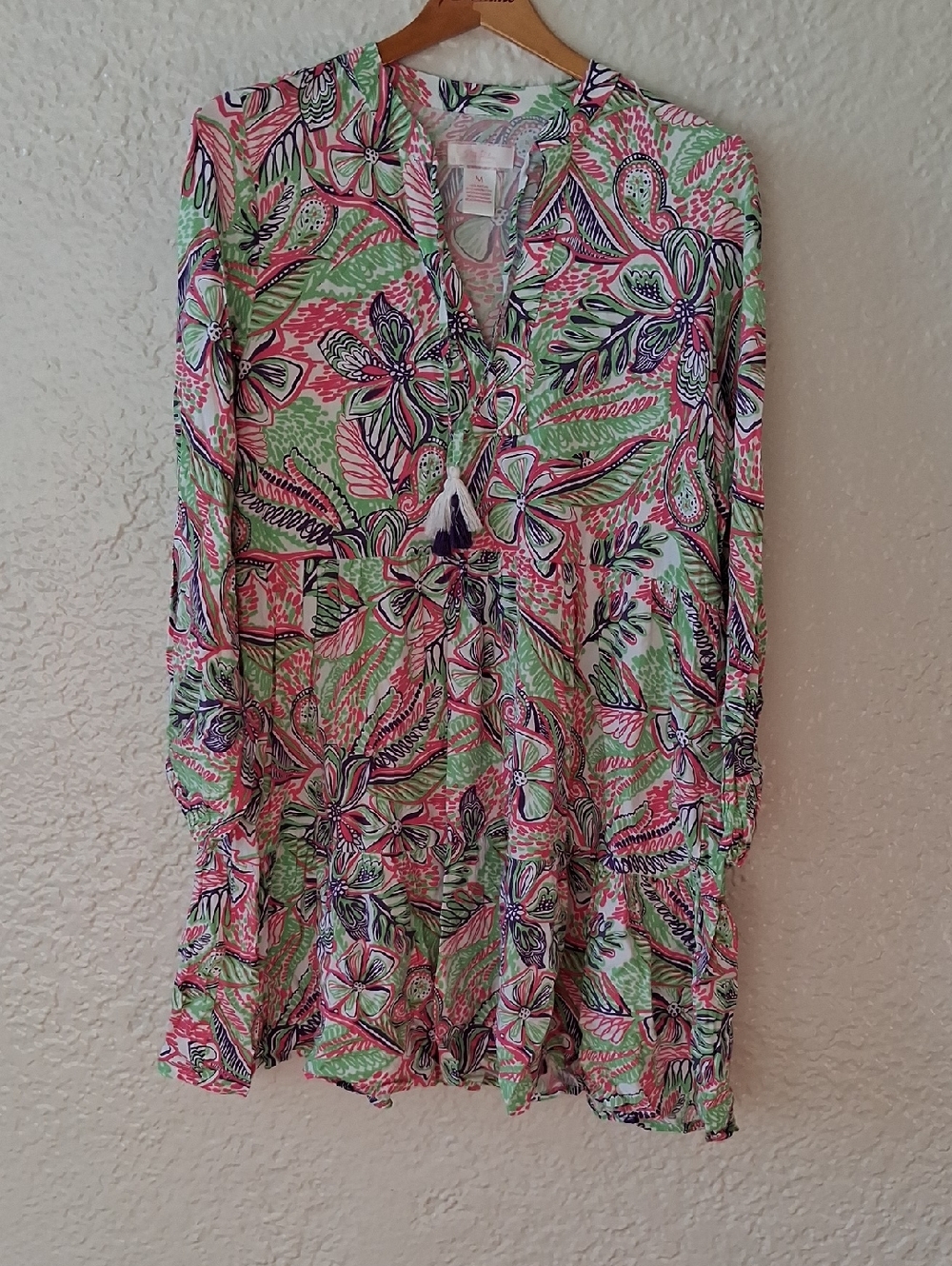 Floral Tassel Tunic Dress in Pink & Green